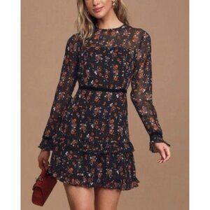 LULU'S Floral to See Black Floral Long Sleeve Mini Dress Size Small
